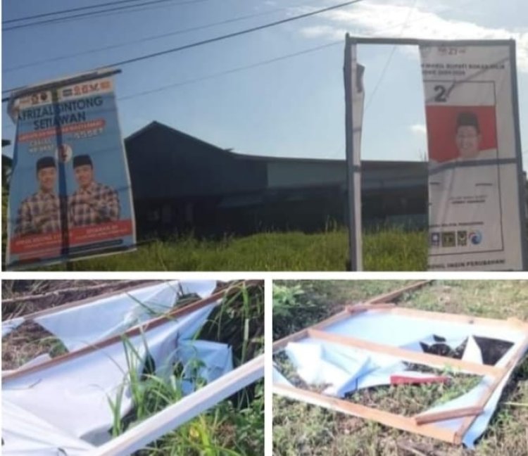 Rokan Hilir: Puluhan Baliho dan Spanduk Pasangan Bistamam-Jhoni Charles Dirusak, Paslon Tetap Tenang